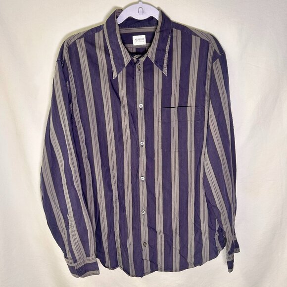 Armani long sleeve striped button-up shirt in blue and gray Size L - Picture 6 of 8